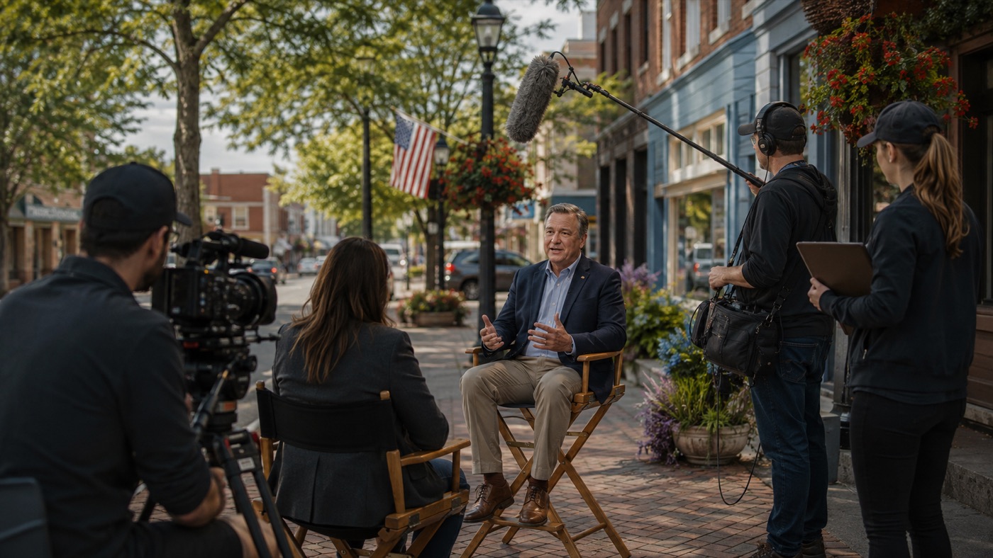 A community leader being interviewed by a professional film crew on a downtown street